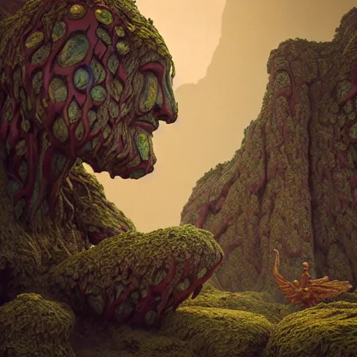 Image similar to ancient giant god being made of opal in desolate and lush landscape, moody, :: by James Jean, Jeff Koons, Dan McPharlin Daniel Merrian :: ornate, dynamic, particulate, rich colors, intricate, elegant, highly detailed, centered, artstation, smooth, sharp focus, octane render, 3d