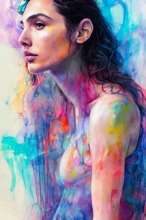 Prompt: gal gadot by agnes cecile enki bilal moebius, intricated details, sitting on a stool, full body portrait, extremely luminous bright design, pastel colours, drips, autumn lights