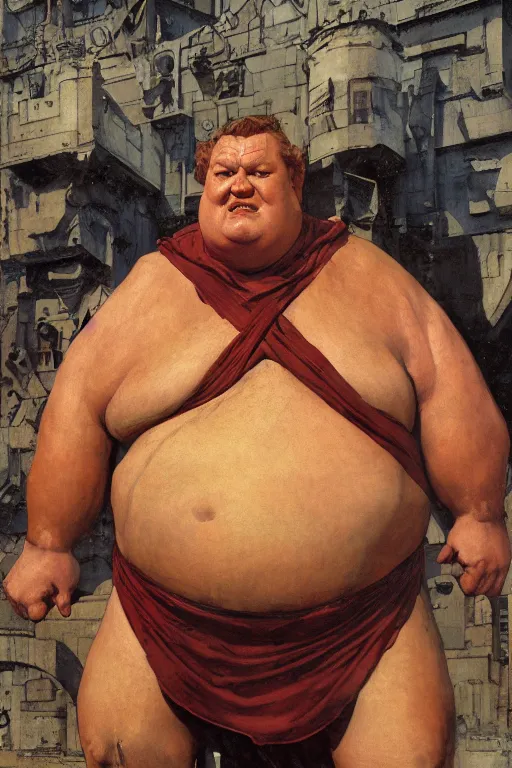 Image similar to huge hulking kenneth mcmillan as baron vladimir harkonnen, simple background, painted by jack kirby, lawrence alma tadema, norman rockwell, greg staples, wayne barlow, neville page, dune 1 9 8 2, artstation character 3 d, superhero