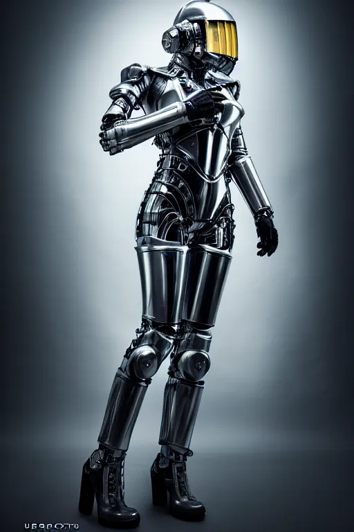 Image similar to cybernetic ultra high tech female knight, sci - fi, cyberpunk, barocco, high tech, futurism, exoskeleton, symmetry, cinematic, elegant, luxury, perfect light, perfect composition, dlsr photography, sharp focus, 8 k, ultra hd, sense of awe, highly detailed, realistic, intricate, science journal cover