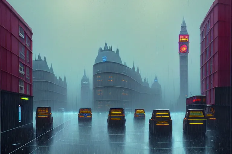 Image similar to london raining by Simon Stålenhag