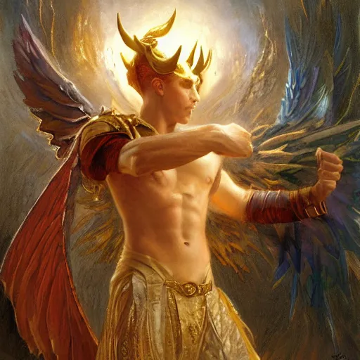 Image similar to attractive male deity casts light spell, summons attractive male lucifer morningstar. highly detailed painting by gaston bussiere, craig mullins, j. c. leyendecker 8 k