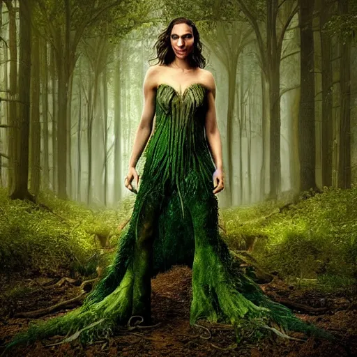 Image similar to Portrait of the beautiful woman Gal Gadot as a dryad, she has those characteristic sparkling green eyes, she is looking straight to the camera, she has a glow coming from her, she is getting illuminated for rays of light, behind her is an ancient forest full of life, the photo was taking by Annie Leibovitz, Ellie Victoria Gale and Steve McCurry, matte painting, oil painting, naturalism, 4k, 8k