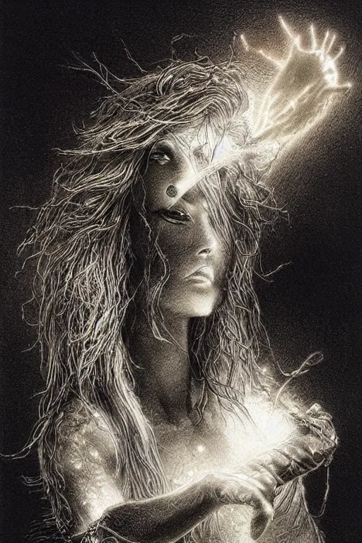 Image similar to fala lefaliir of the mage, art by luis royo and paul alexander, trending on artstation, bioluminescence macro view hyperrealism, doge, grimdark, figurativism, engraving