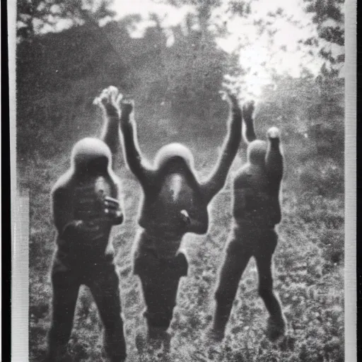 Image similar to really old polaroid photograph of horrorific extraterrestrial beings visiting earth,