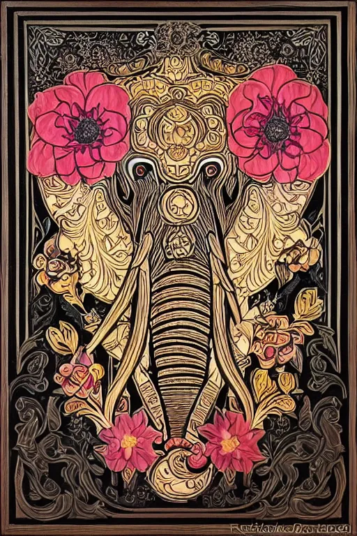 Image similar to Painted dark-wood panel relief carving of a close up of a Flowerpunk Matriarch Elephant, ornate border frame, explosion of colorful flowers, dark wood, intricately carved, black ink, festival of rich colors, intricate details, cinematic lighting, volumetric lighting, post-processing, art nouveau, tarot, fractal art, mandala, by andreas rocha and john howe, and Martin Johnson Heade, featured on artstation, featured on behance, golden ratio, hyper detailed, photorealistic, epic composition, center spotlight, f32, well composed, symmetrical, UE5, 8k