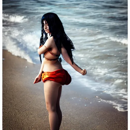 Image similar to photograph of a cute girl cosplaying as Nami from One Piece standing on a beach, cosplay, photo by Mert and Marcus