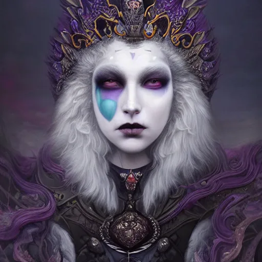 Prompt: tom bagshaw, soft painting fractal curiosities carnival, single beautiful anthropomorphic wolf queen facing camera in full nightshade gothic armor, accurate features, focus, very intricate ultrafine details, black white purple volumetric clouds, award winning masterpiece, octane render 8 k hd