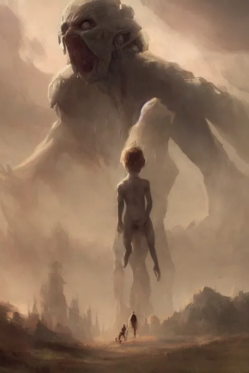 Image similar to a beautiful terrifying pale humanoid giant looms over a tiny human. ethereal fantasy art by greg rutkowski