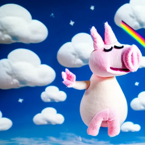 Prompt: studio photograph of a flying pig with unicorn horn depicted as a muppet in a blue sky with cotton ball clouds