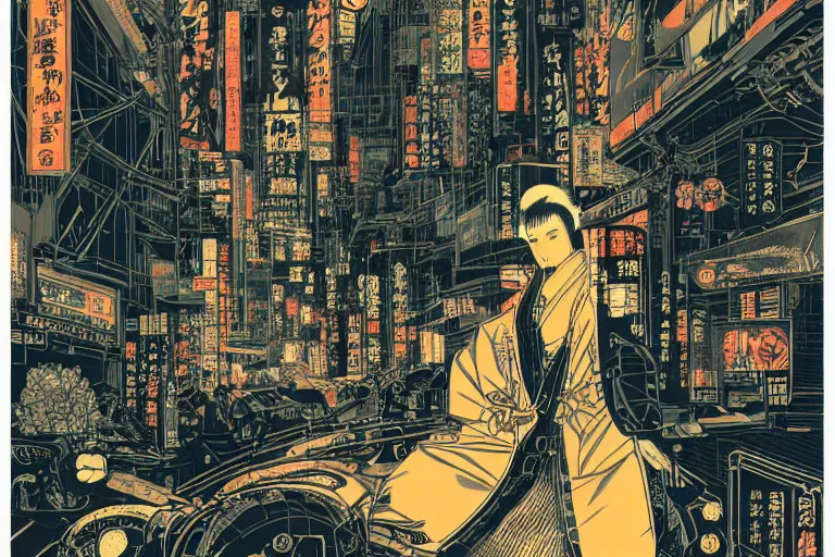 Image similar to futuristic japanese cyberpunk bladerunner silk screen by utagawa yoshiiku, ohara koson, pixiv contest winner, cyberpunk style, cyberpunk color scheme, mechanical, robotic, human machine interface, high resolution, hd, bold clear lines