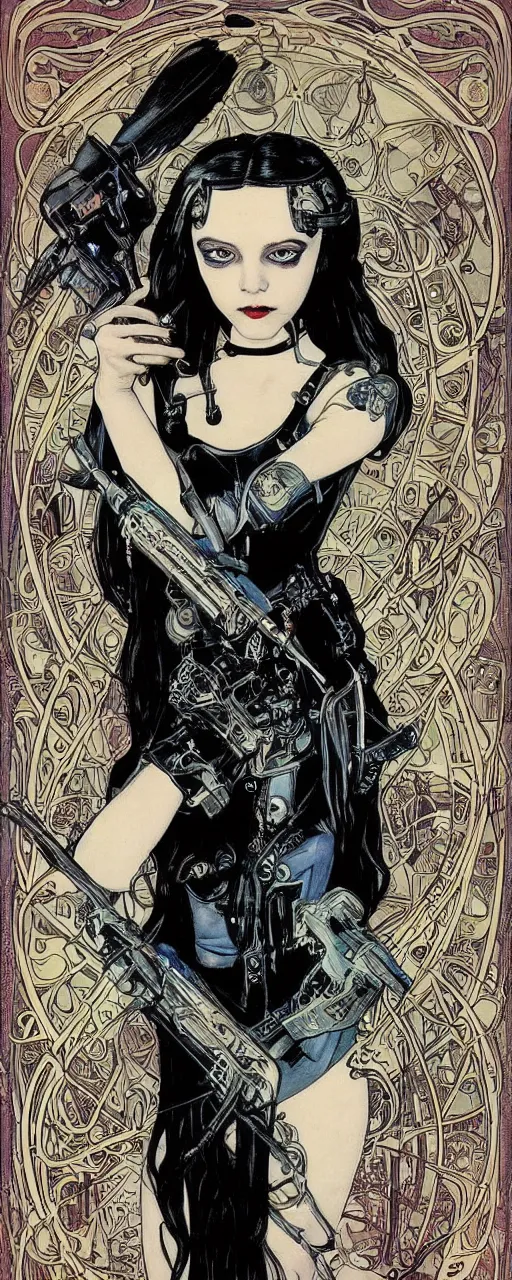 Image similar to beautiful stunning sci - fi art nouveau portrait of wednesday addams as a mad max style thrashpunk rebel soldier by michael kaluta, moebius and alphonse mucha, photorealism, extremely hyperdetailed, perfect symmetrical facial features, perfect anatomy, ornate declotage, weapons, circuitry, high technical detail, determined expression, piercing gaze