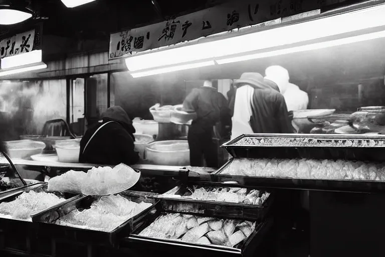 Image similar to still photo of a japanese street fish vendor black and white color aesthetic, highly detailed, photorealistic portrait, bright studio setting, studio lighting, crisp quality and light reflections, unreal engine 5 quality render