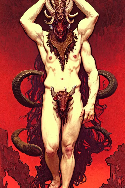 Image similar to portrait of a beautiful young fit male demon with ram horns, scaly torso and goat legs, hellish scene, by greg rutkowski and alphonse mucha, d & d character, gradient red to yellow, in front of an hellish landscape background, highly detailed portrait, digital painting, artstation, concept art, smooth, sharp focus ilustration, artstation hq