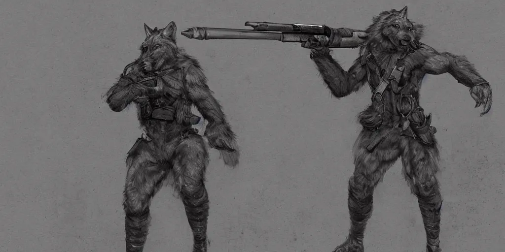 Prompt: Full body concept art of A High fantasy WW1 werewolf firing a enchanted heavy shotgun trending on artstation deviantart Pinterest detailed High Resolution HD 8k