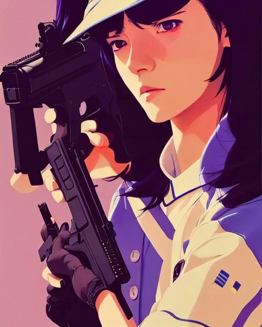 Image similar to girl wearing uniform, holding pistol at side, side view, looking down | | audrey plaza, fine detail!! anime!! realistic shaded lighting!! poster by ilya kuvshinov katsuhiro otomo ghost - in - the - shell, magali villeneuve, artgerm, jeremy lipkin and michael garmash and rob rey