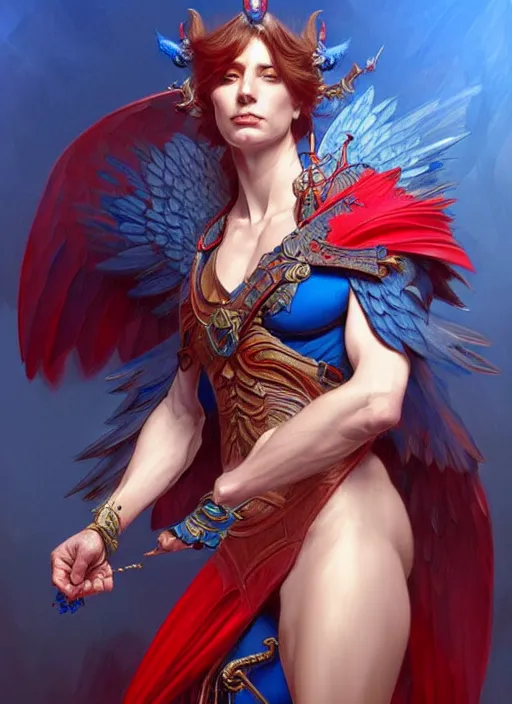 Image similar to portrait of aggressive pigeon humanoid, d & d, muscular! blue and red, fantasy, intricate, elegant, highly detailed, digital painting, artstation, concept art, smooth, sharp focus, illustration, art by artgerm and greg rutkowski and alphonse mucha