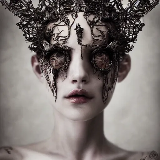 Image similar to a portrait of female model by stefan geselle and nekro borja, photorealistic, intricate details, hyper realistic, dark fantasy, ornate headpiece, photorealistic, canon r 3, photography, wide shot, photography