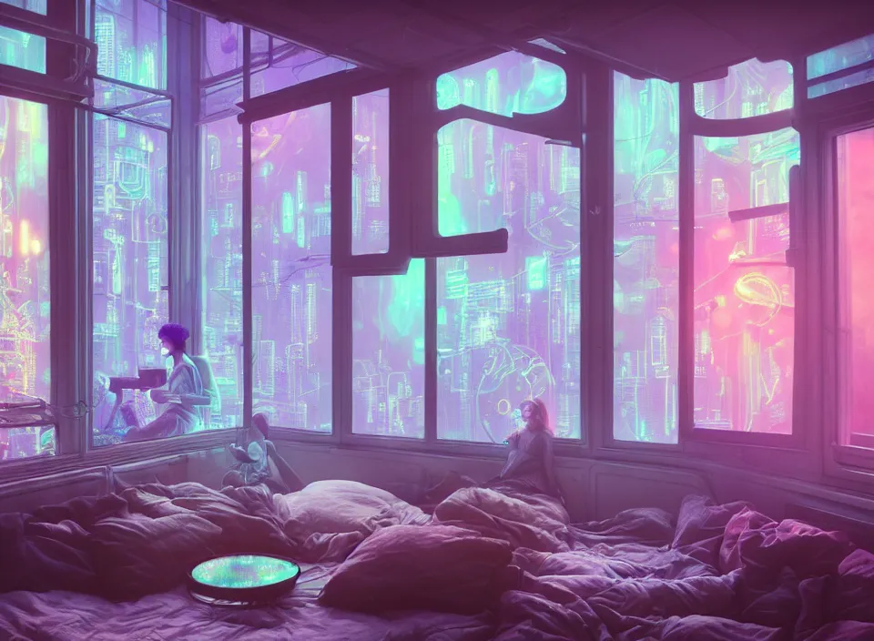 Image similar to telephoto photograph depicting the experience of acceptance in a cosy cluttered french sci - fi ( art nouveau ) cyberpunk apartment in a pastel dreamstate art cinema style. ( iridescent terrarium!, computer screens, window ( city ), leds, lamp, ( ( ( terrarium bed ) ) ) ), ambient light.