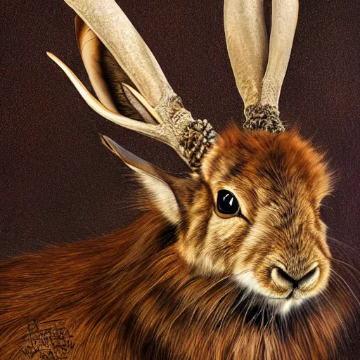 Image similar to jackalope in the museum, detailed fur, highly detailed, sharp focus, digital painting, artwork by Victor Adame Minguez + Yuumei + Tom Lovell + Sandro Botticelli