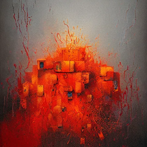 Prompt: a smooth grey cube being covered by extremely detailed splatters of abstract paint, engulfed in flames in the style of, pascal blanche, surreal, beksinski, high detailed