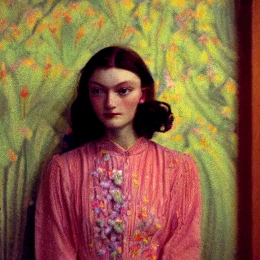 Prompt: close - up of a beautiful flowery girl in an soviet golden liminal abandoned room, film still by wes anderson, depicted by balthus, limited color palette, very intricate, art nouveau, highly detailed, lights by hopper, soft pastel colors