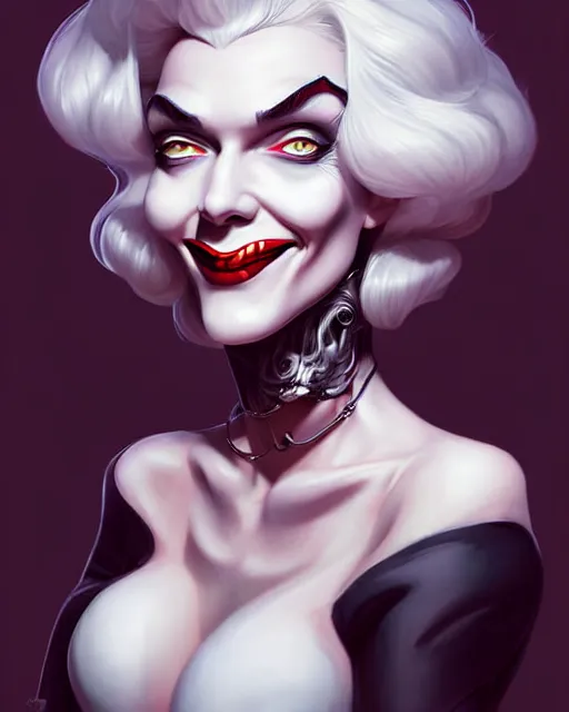 Image similar to digital art, centered portrait of smiling cruella deville, creepy, cold light, somber by james jean and by artgerm, by ross tran, ultradetailed, charachter design, concept art, trending on artstation,