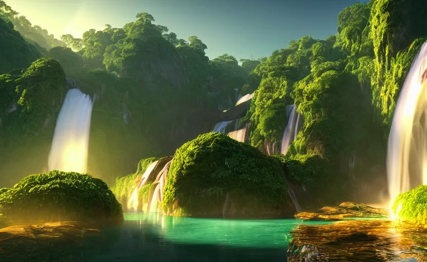 Image similar to a beautiful and stunning professional digital artwork of a humongous gold cave, haze, waterfall, volumetric lighting, hyperrealistic, green, blue, sunset, unreal engine 5, ultra detail