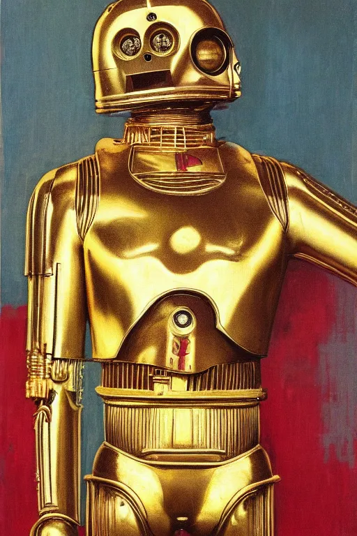 Prompt: a portrait painting of sexy c3po. Painted by Norman Rockwell