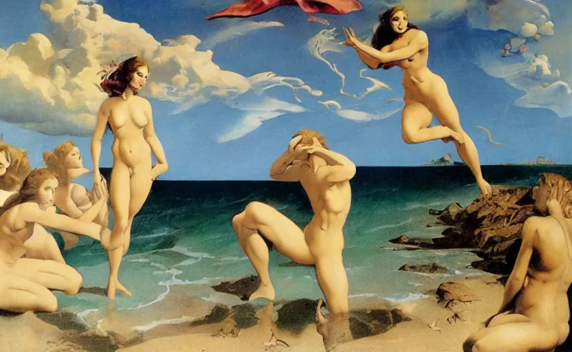 Image similar to the birth of venus, frank frazetta style art, dramatic, fantasy art, dynamic lighting