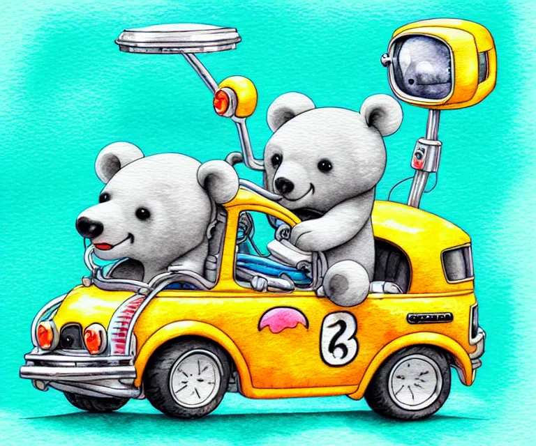 Image similar to cute and funny, koalabear wearing a helmet riding in a tiny hot rod with an oversized engine, ratfink style by ed roth, centered award winning watercolor pen illustration, isometric illustration by chihiro iwasaki, edited by range murata, tiny details by artgerm and watercolor girl, symmetrically isometrically centered, sharply focused