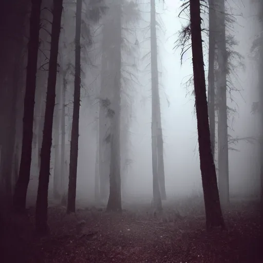 Image similar to an old worn photo of a tall horrific creature deep in a dark foggy forest
