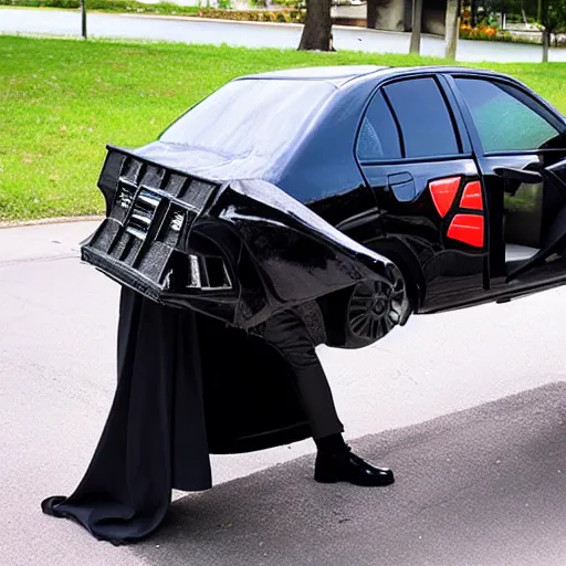 Prompt: darth vader throw food on a car