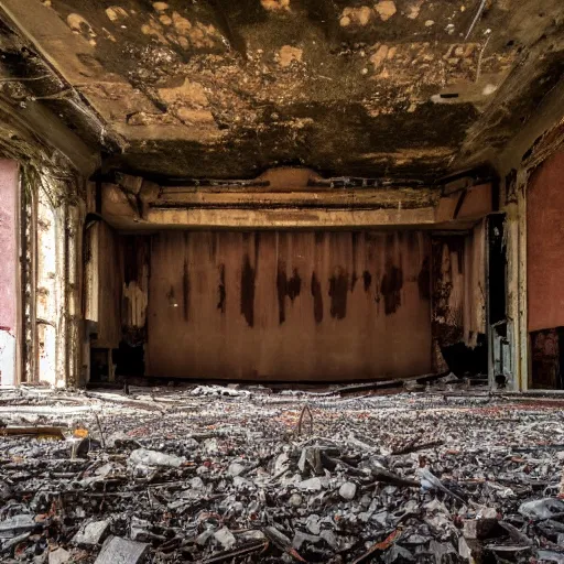 Prompt: a picture of a large abandoned theatre, it is a ruin, 50 mm, beautiful photograph