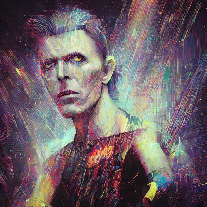 Image similar to David Bowie. intricate artwork. by Tooth Wu, wlop, beeple, dan mumford. concept art, smooth, sharp focus, high detail, octane render, 8k, iridescent accents, deep blacks