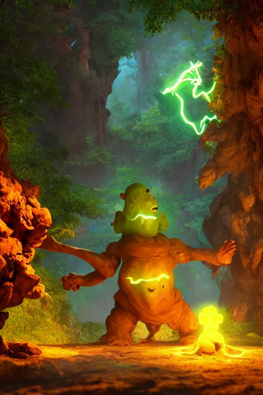 Image similar to arcane fantasy art giant golem elemental wood rock bastion forged gemstone enchanted forest troll, global illumination ray tracing hdr fanart arstation by sung choi and eric pfeiffer and gabriel garza and casper konefal lisa frank zbrush central hardmesh radiating a glowing aura