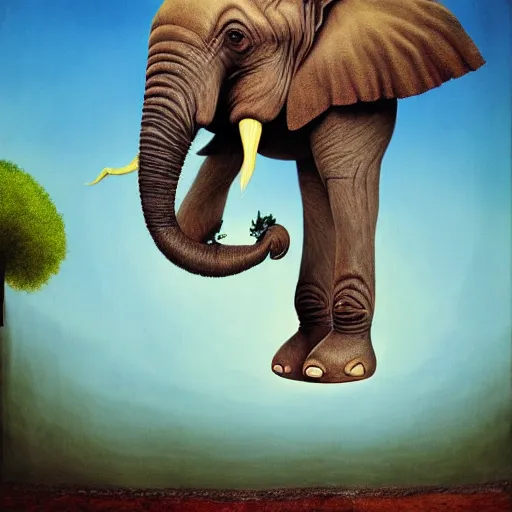 Prompt: a picture of an elephant hanging from a tree, a surrealist painting by storm thorgerson, shutterstock contest winner, massurrealism, surrealist, whimsical, hyper - realistic