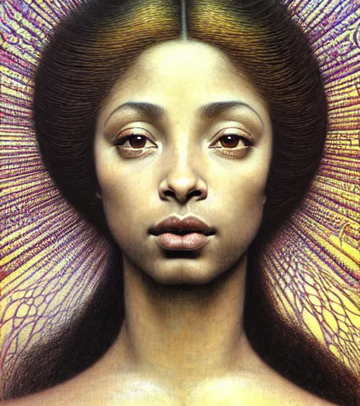 Image similar to detailed realistic beautiful young sade adu face portrait by jean delville, gustave dore and marco mazzoni, art nouveau, symbolist, visionary, ornate, baroque, intricate fractal, maximalism. horizontal symmetry by zdzisław beksinski, iris van herpen, raymond swanland and alphonse mucha. highly detailed, hyper - real, beautiful