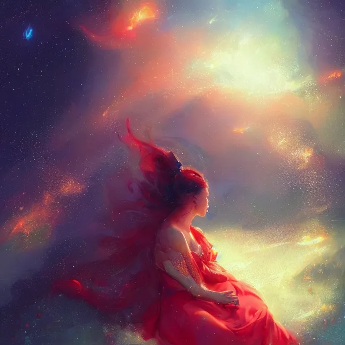 Image similar to glimmering whale, young girl in red dress, cosmos, milky way galaxy, golden hour, god rays, coral reef, dreamscape by artgerm and ruan jia and ismail inceoglu and greg olsen, masterpiece, beautiful, intricate, elegant, highly detailed