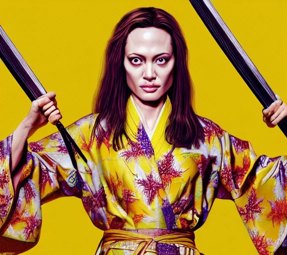 Prompt: breathtaking detailed pattern pastel colors, action scene from kill bill, with angelina jolie ( kill bill ) in yellow kimono, swinging katana sword and autumn leaves, fuji, by hsiao - ron cheng, exquisite detail, enhanced eye detail