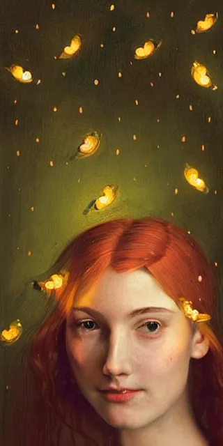 Image similar to a totally enraptured smiling young woman surrounded by golden firefly lights in a mesmerizing scene, sitting amidst nature fully covered, intricate detailed dress, long loose red hair, precise linework, accurate green eyes, small nose with freckles, smooth oval head, expressive emotions, hyper realistic ultrafine portrait by artemisia gentileschi, jessica rossier, artgerm