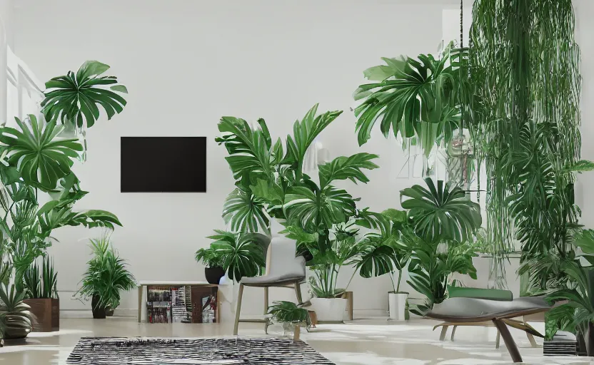 Image similar to empty room bohemian interior, big tv screen in the middle, tropical indoor plants, open shiny floor, v - ray render, high contras