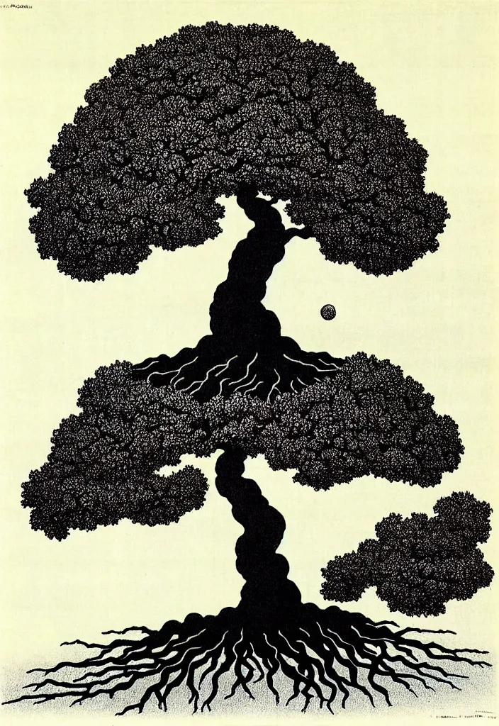 Prompt: prompt: magical white Bonsai tree roots merging into big moon drawn by Rene Magritte, Japanese woodblock print style, clean ink detailed line drawing, intricate detail, manga 1990