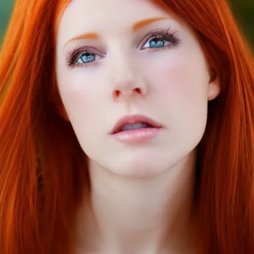 Prompt: very beautiful redhead woman looking back over her shoulder, eye contact, hyper realistic