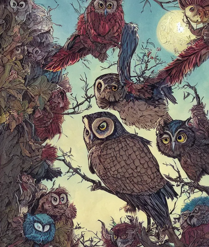 Prompt: graphic novel about grumpy owl detective, colourful, by arthur adams and greg rutkowski