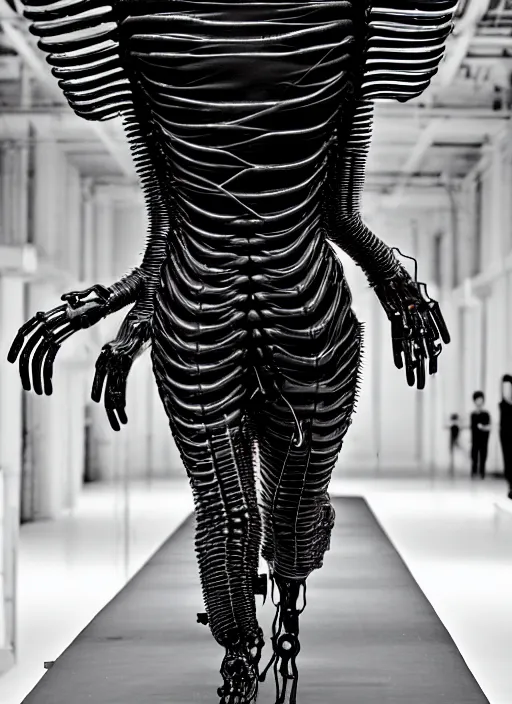 Image similar to walking down the catwalk, steven klein, show, stage, vogue photo, podium, fashion show photo, iris van herpen, beautiful woman, full body shot, masterpiece, inflateble shapes, alien, giger, plant predator, guyver, jellyfish, wires, veins, white biomechanical details, wearing epic bionic cyborg implants, highly detailed