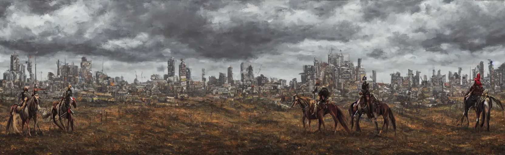 Image similar to horseback knights at scenic overlook; cloudy, grey skies, tents in foreground, fortress city of deteriorating office buildings in background upon hill, post apocalyptic, grungy; oil on canvas, artstation, neon