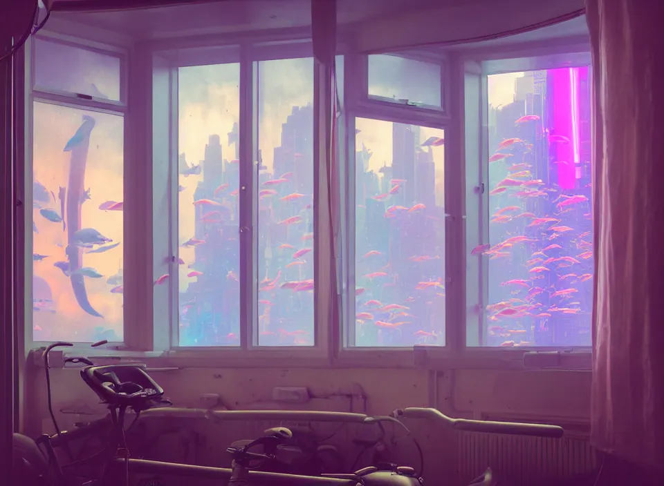 Image similar to telephoto 7 0 mm f / 2. 8 iso 2 0 0 photograph depicting the feeling of power in a cosy cluttered french sci - fi ( art nouveau ) pale cyberpunk apartment in a pastel dreamstate art cinema style. ( aquarium, shower, window ( city ), led indicator, lamp ( ( ( gym ) ) ) ), ambient light.