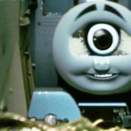 Image similar to creepy found footage of Thomas the tank engine super close up zoom fish eye staring at you terrifying backrooms horror