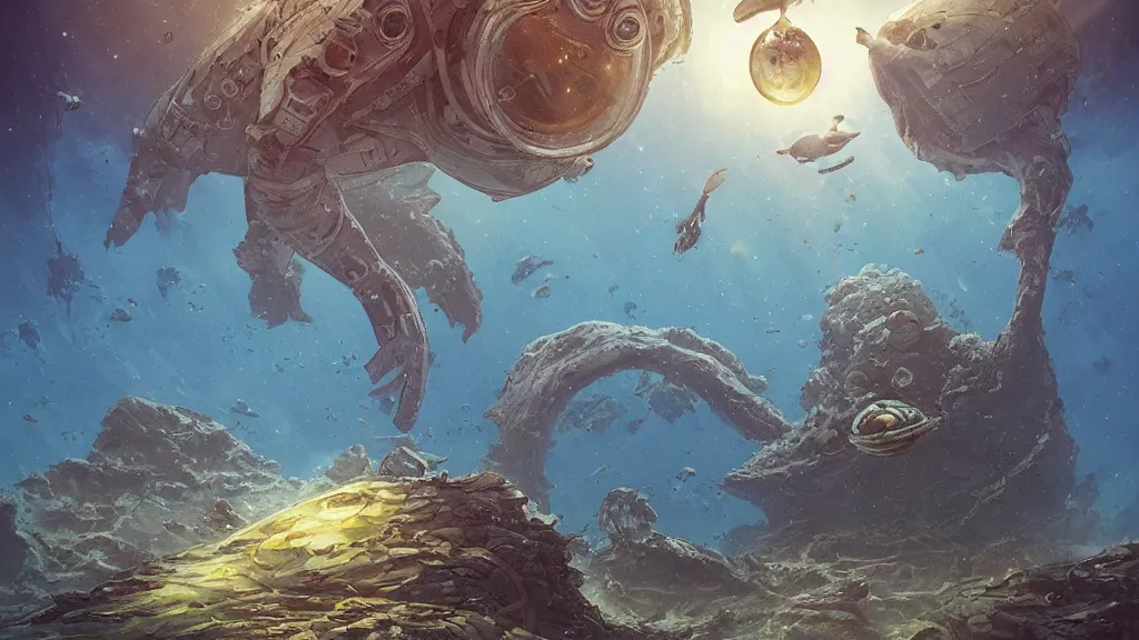 Prompt: An astronaut is under the sea, he has a big egg, he is swimming away from the giant leviathan that is behind hunting him, the leavithan has evil red eyes, this is an extravagant planet with wacky wildlife and some mythical animals, the background is full of ancient ruins, the ambient is dark with a terrifying atmosphere, by Jordan Grimmer digital art, trending on Artstation,